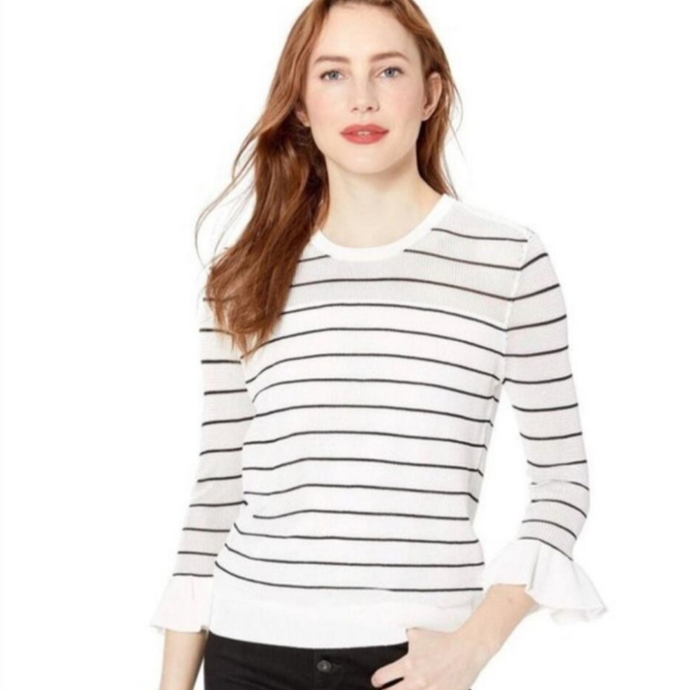 Striped White and Black Sweater with Ruffle Sleeves
